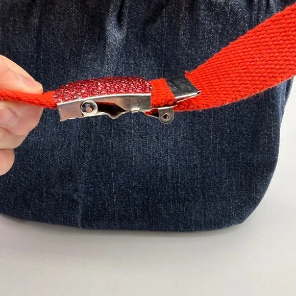 Handmade Denim‎ Jean Purse Red Trim Bow Accent Snap Closure - Picture 5 of 14